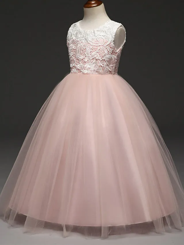 Ball Gown Lace Tulle Sleeveless Jewel Neck Wedding Party Flower Girl Dresses