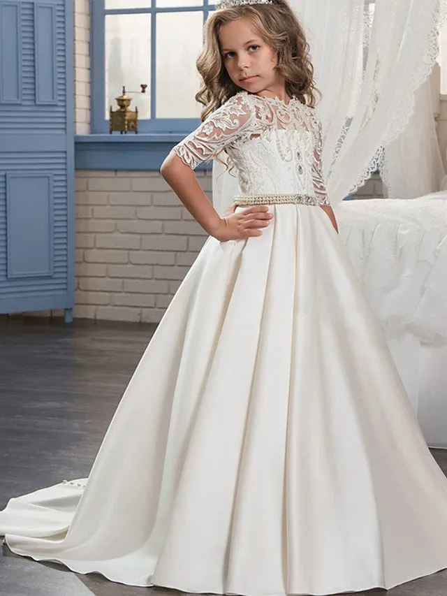 Ball Gown Matte Satin Jewel Neck Sweep Brush Train Wedding Birthday Pageant Flower Girl Dresses with Sleeves