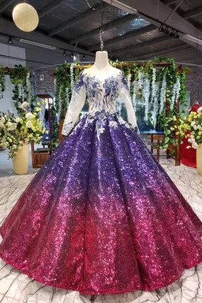 Ball Gown Ombre Sparkly Long Sleeve Sequins Prom Dresses, Quinceanera Dresses STK15066