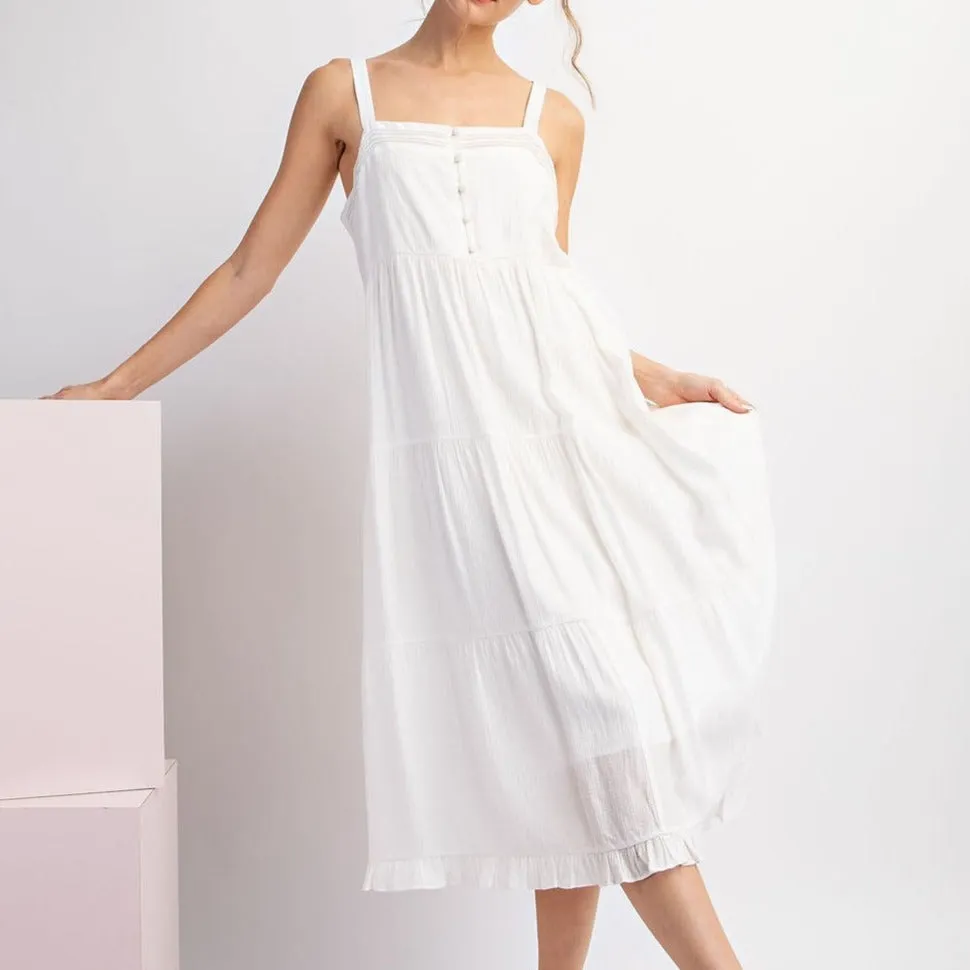 Beach Side White Tiered Sleeveless Midi Dress