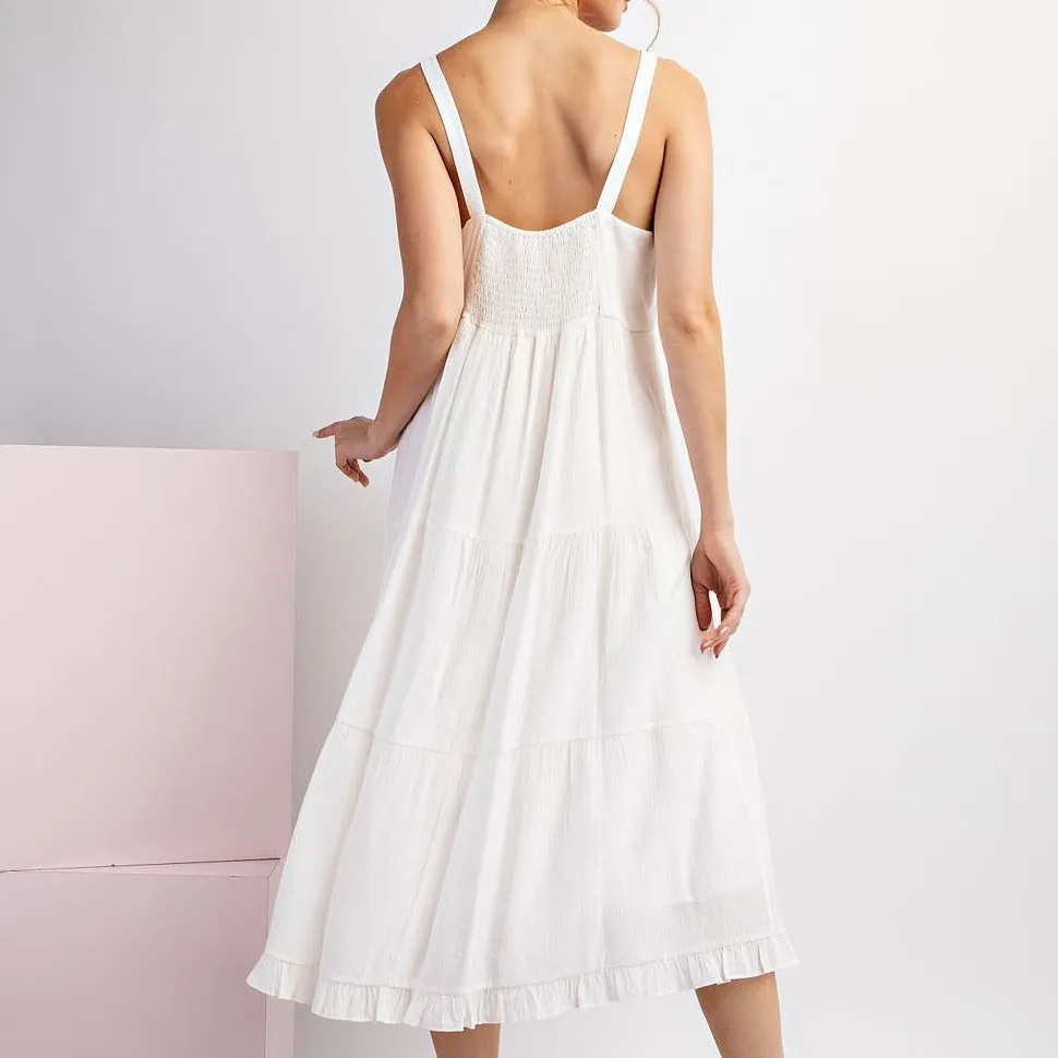 Beach Side White Tiered Sleeveless Midi Dress