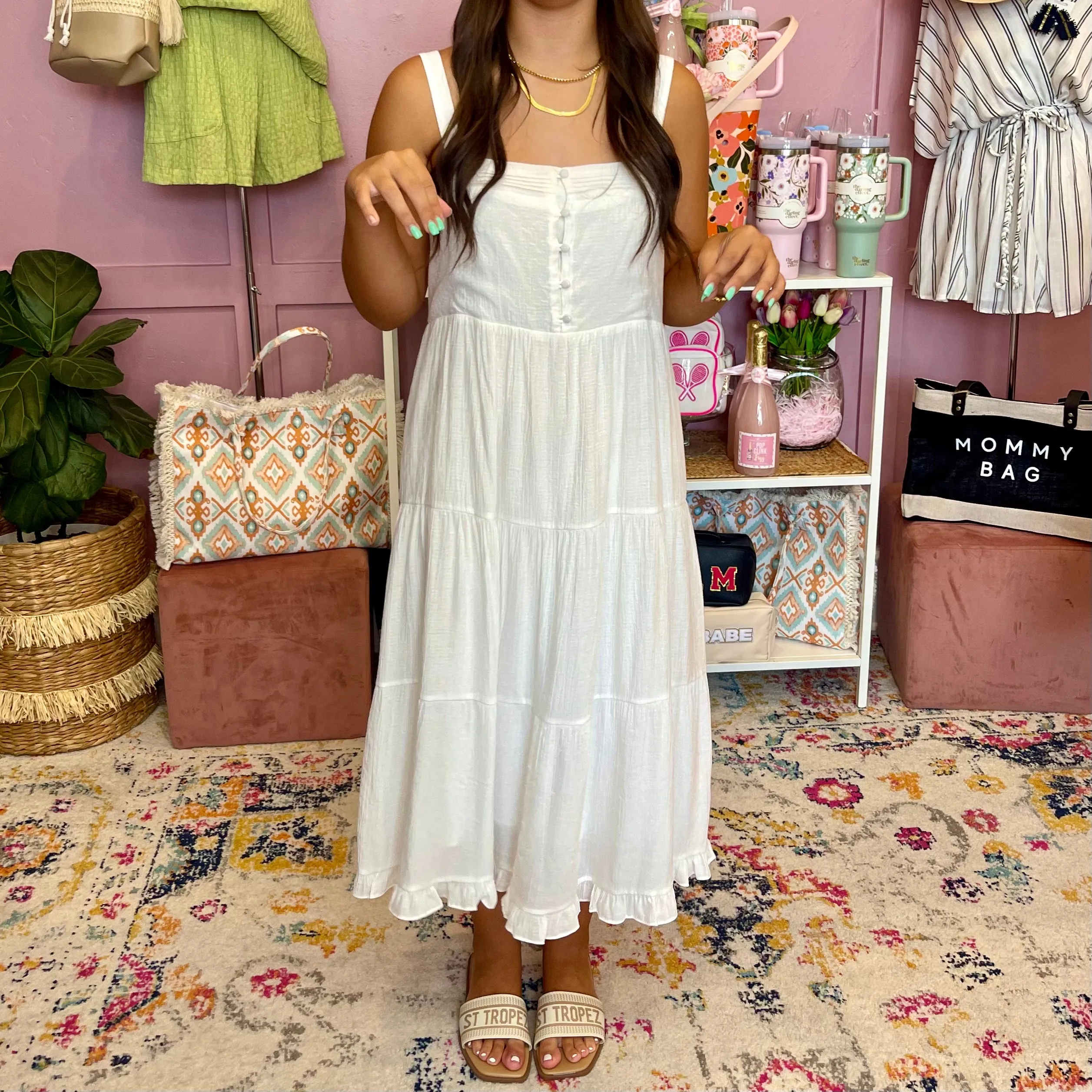 Beach Side White Tiered Sleeveless Midi Dress