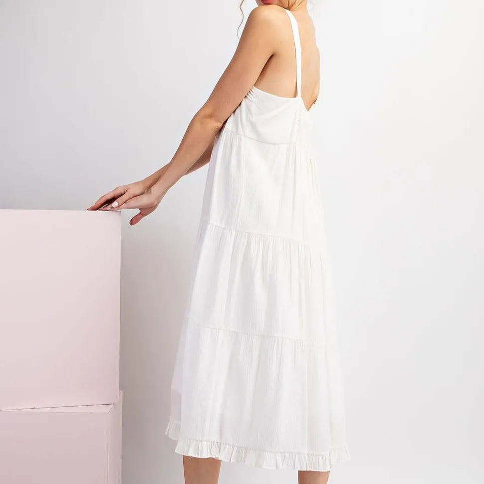 Beach Side White Tiered Sleeveless Midi Dress