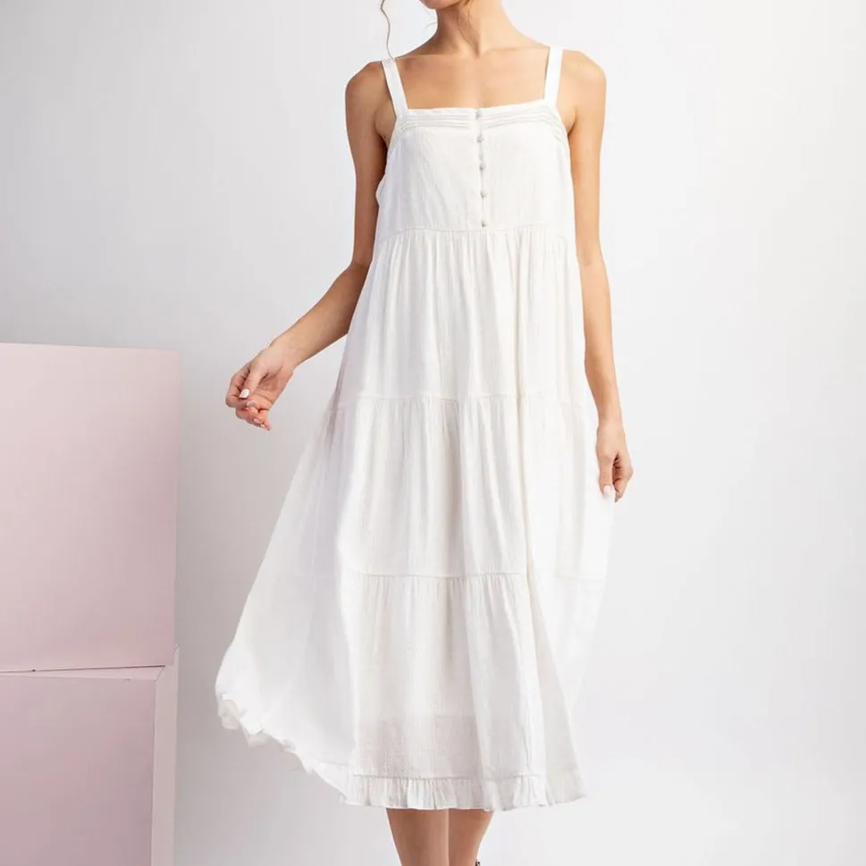 Beach Side White Tiered Sleeveless Midi Dress