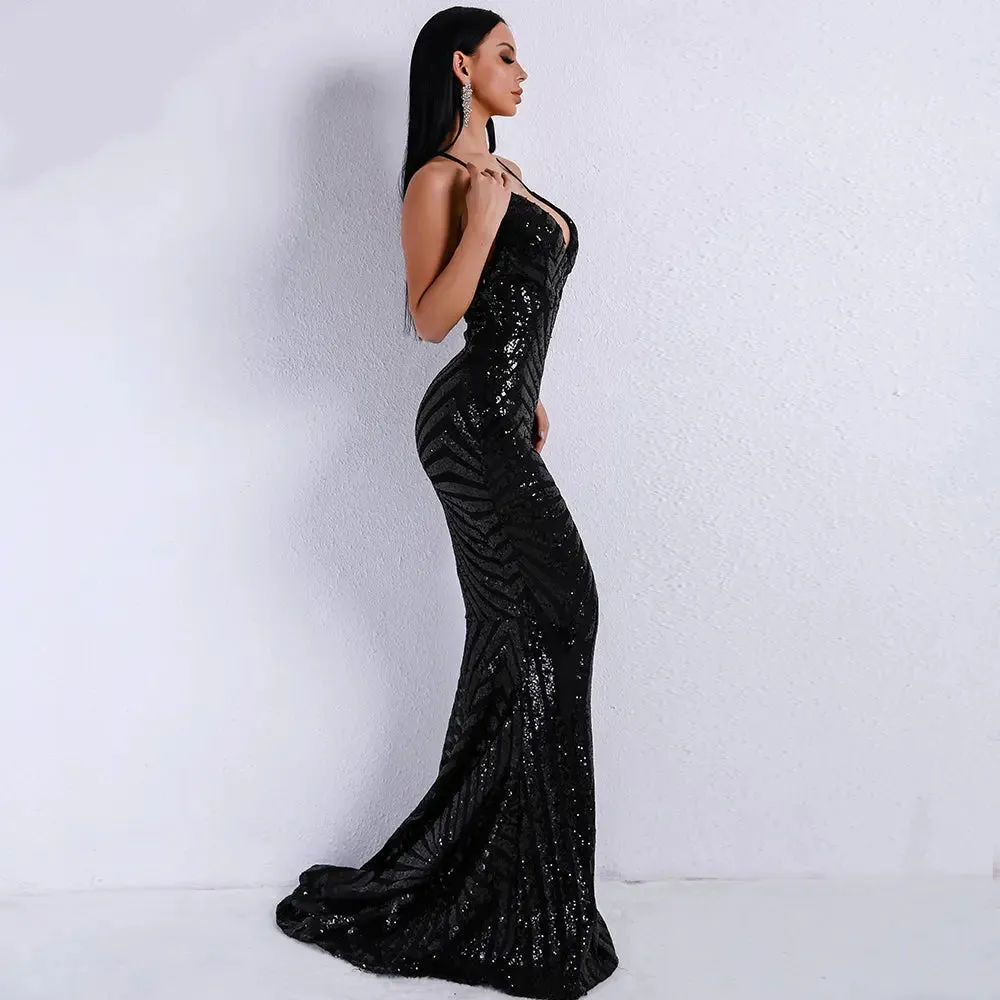 Black Backless Sequins Long Dress