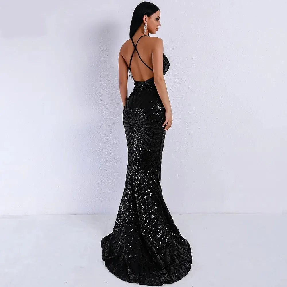 Black Backless Sequins Long Dress