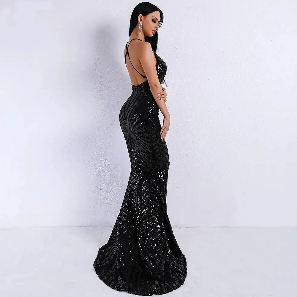 Black Backless Sequins Long Dress