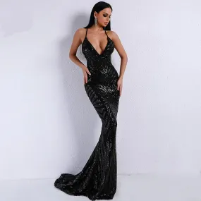 Black Backless Sequins Long Dress