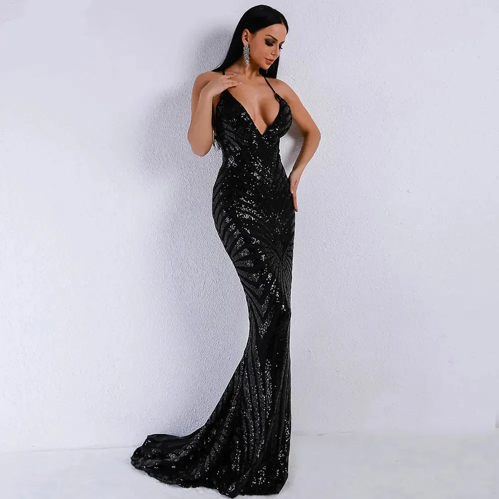 Black Backless Sequins Long Dress