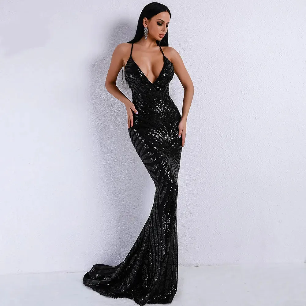 Black Backless Sequins Long Dress