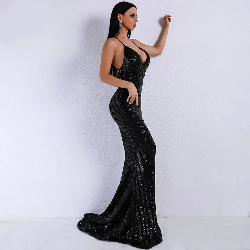 Black Backless Sequins Long Dress