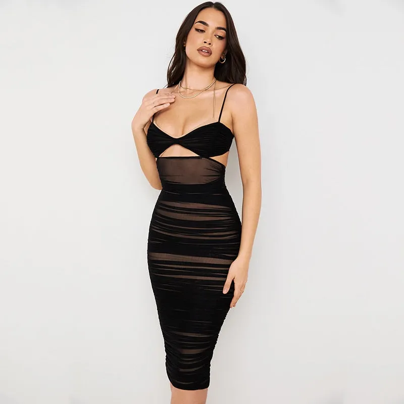 Black Double Layer Hollow Out Midi Dresses