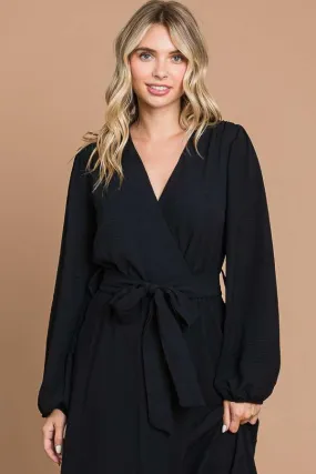 BLACK FAUX WRAP LONG SLEEVE DRESS