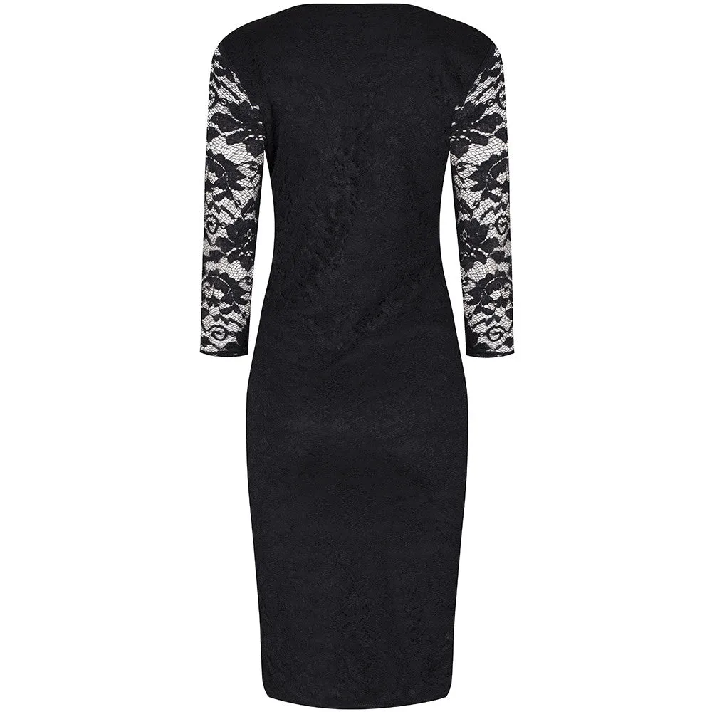 Black Lace 3/4 Sleeve Vintage Bodycon Wiggle Dress