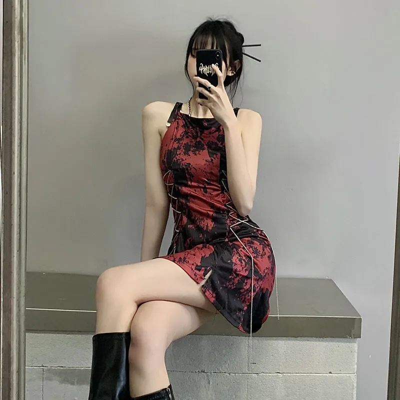 Black Red Tie Dye Strap Dress