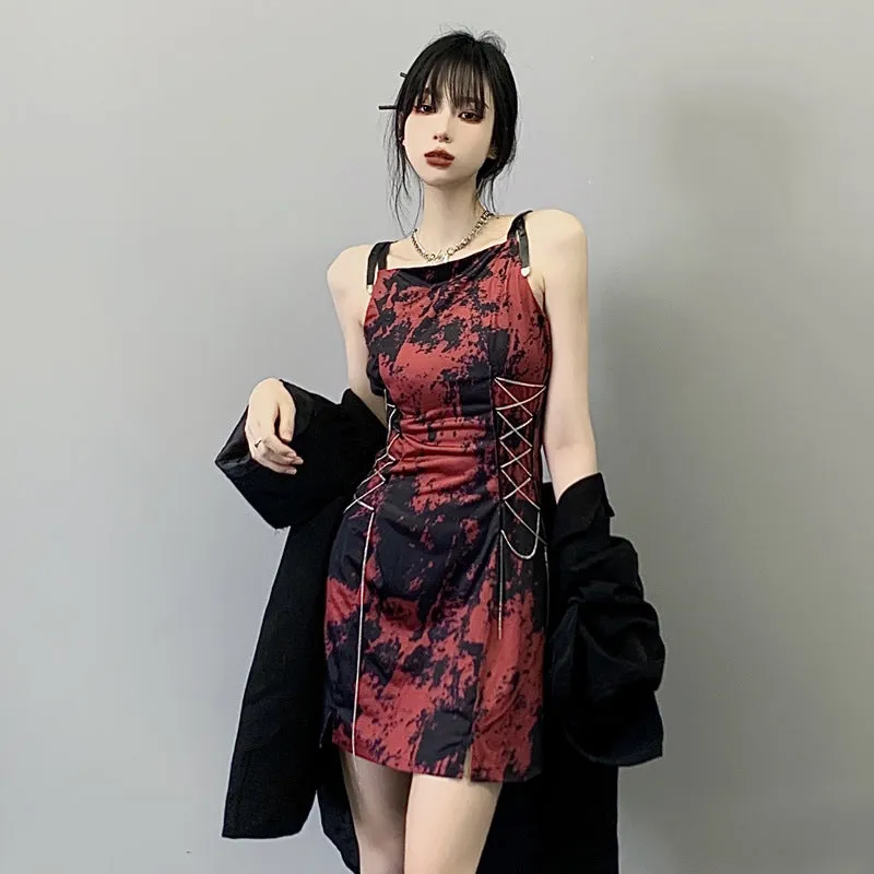 Black Red Tie Dye Strap Dress