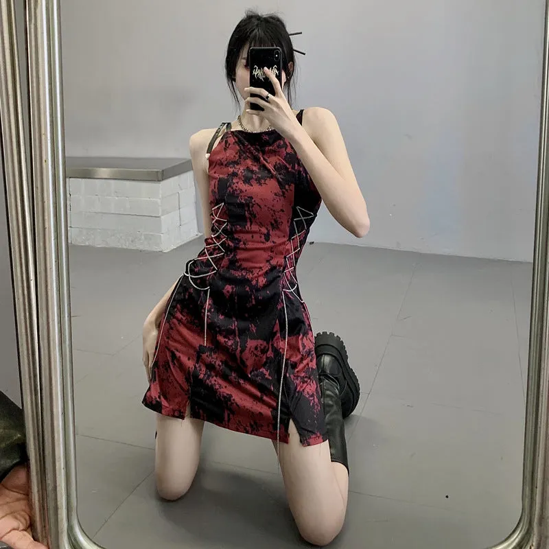 Black Red Tie Dye Strap Dress