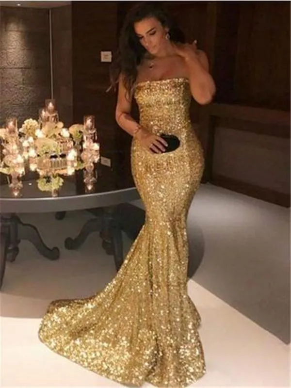 Bling Bling Sequin Mermaid Long Strapless Prom Dresses