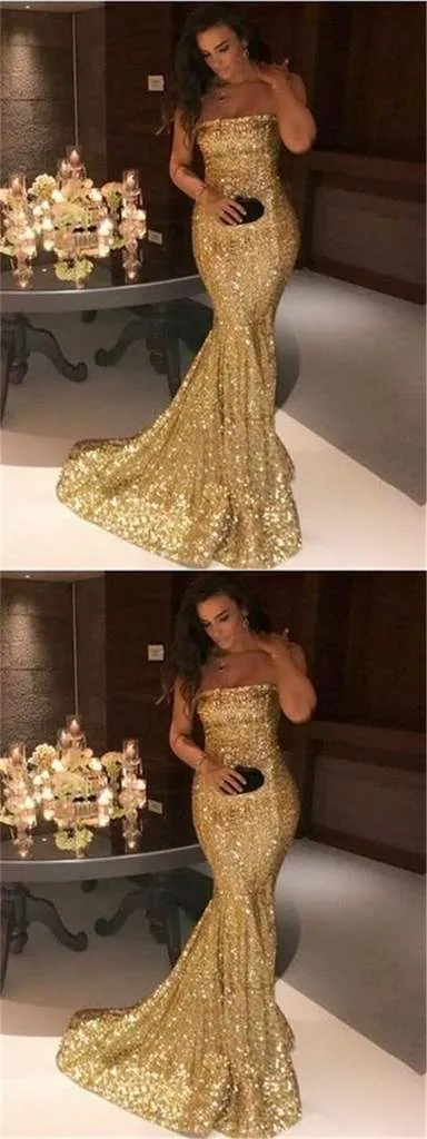 Bling Bling Sequin Mermaid Long Strapless Prom Dresses