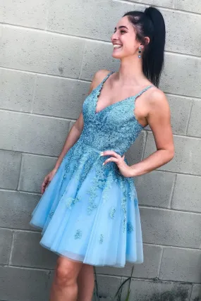 Blue tulle lace short prom dress, blue tulle lace homecoming dress