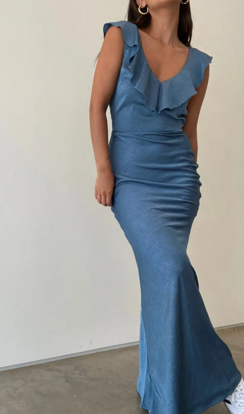 Brushed Satin maxi dress with ruffle