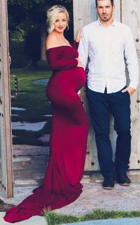 Burgundy Slim Maternity Gown Sleeved Wedding Gown-106231