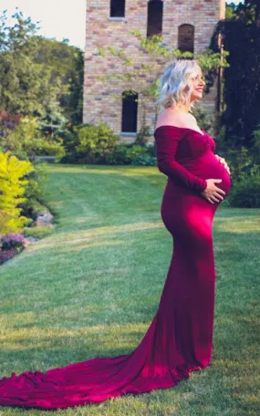 Burgundy Slim Maternity Gown Sleeved Wedding Gown-106231