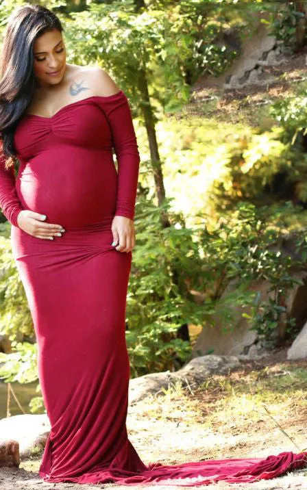 Burgundy Slim Maternity Gown Sleeved Wedding Gown-106231