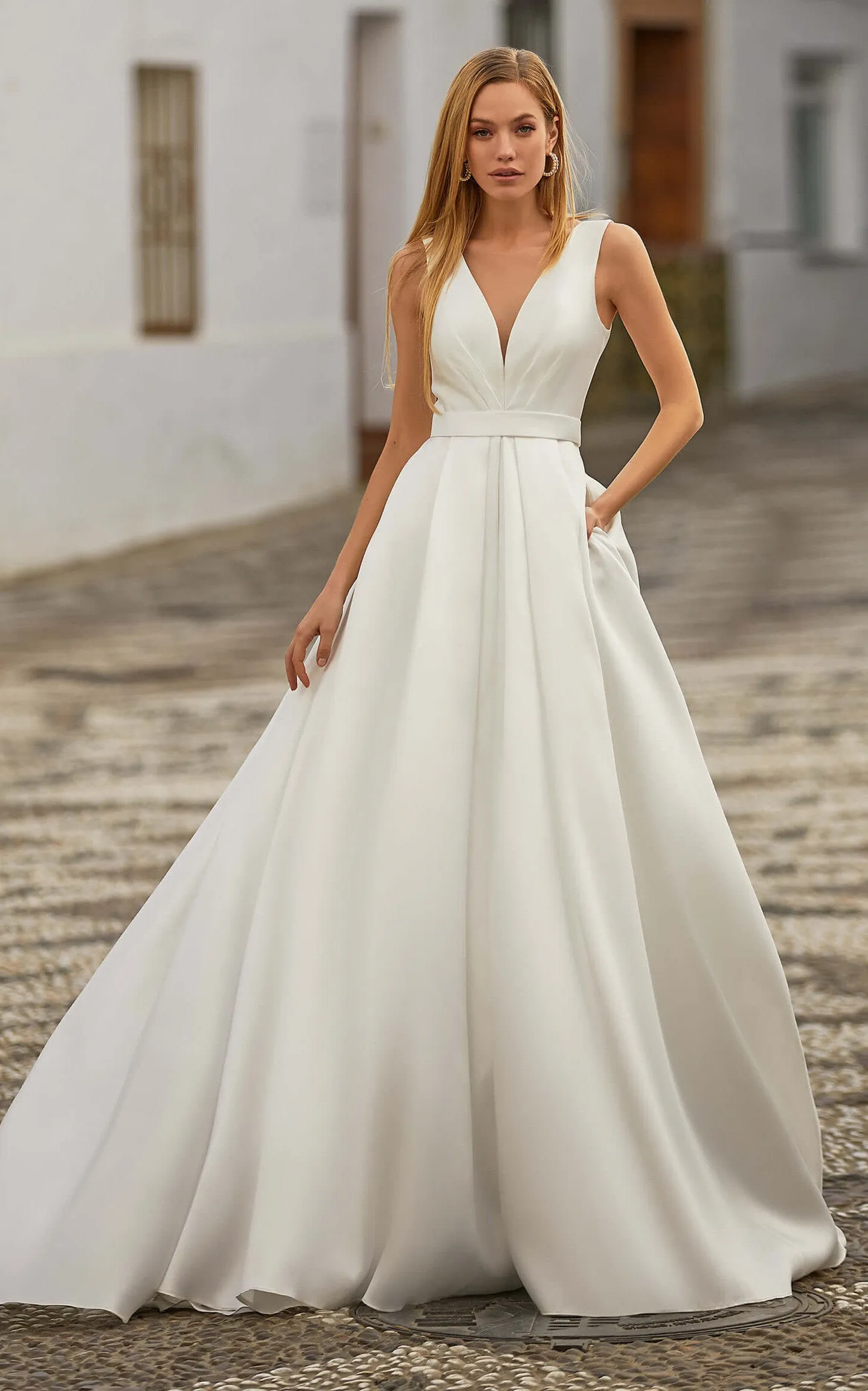 Casual A Line V-neck Satin Court Train Wedding Dress with Pockets-716101