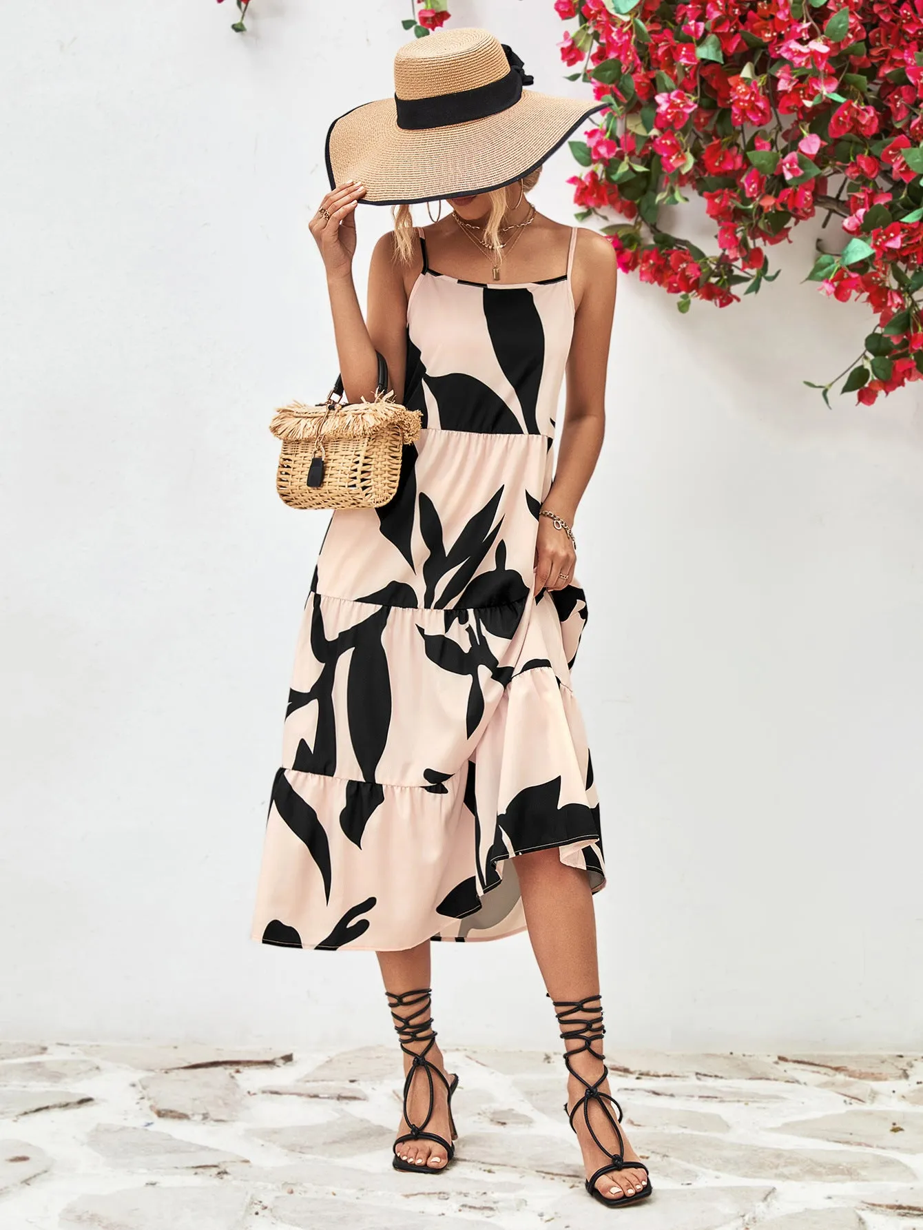 Charming Milkmaid Dress Outfit for Women: Printed Spaghetti Strap Tiered Midi Dress - Perfect Summer Fashion Choice