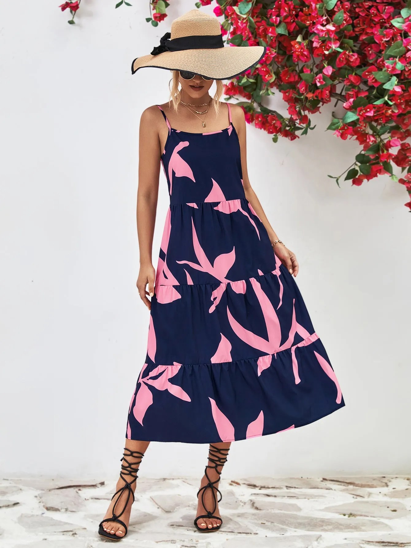 Charming Milkmaid Dress Outfit for Women: Printed Spaghetti Strap Tiered Midi Dress - Perfect Summer Fashion Choice