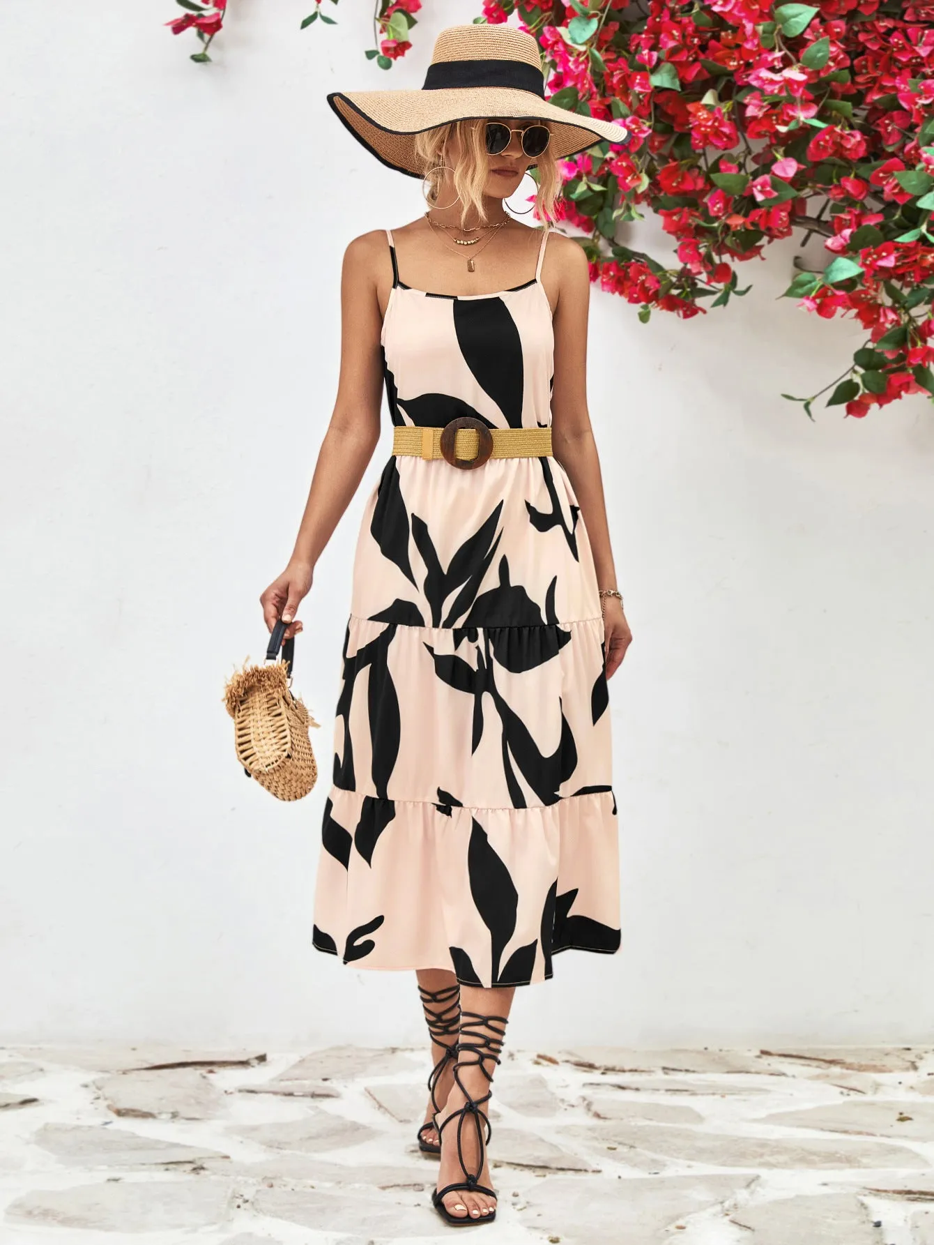 Charming Milkmaid Dress Outfit for Women: Printed Spaghetti Strap Tiered Midi Dress - Perfect Summer Fashion Choice