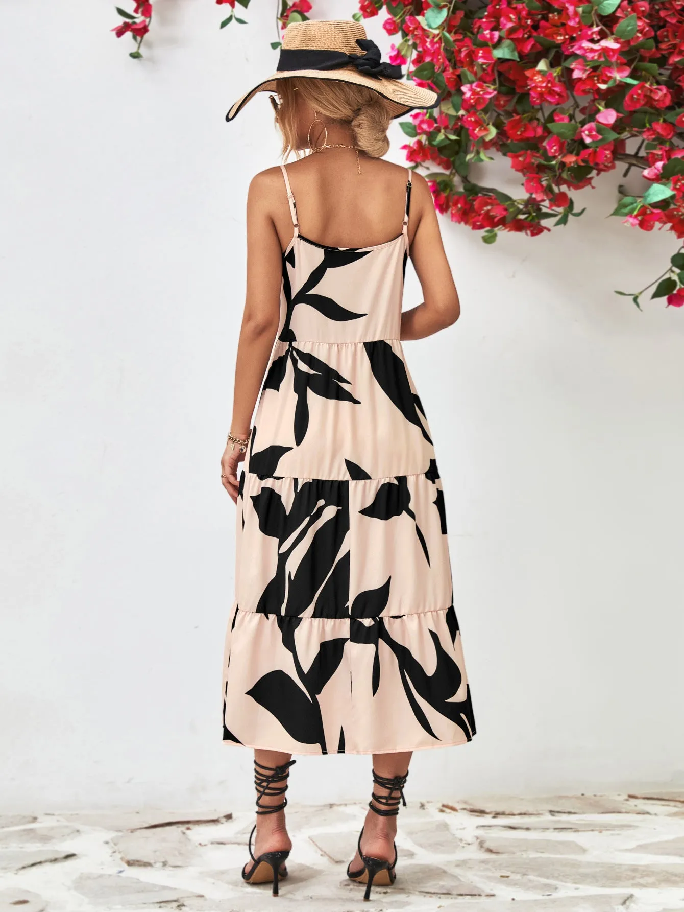 Charming Milkmaid Dress Outfit for Women: Printed Spaghetti Strap Tiered Midi Dress - Perfect Summer Fashion Choice