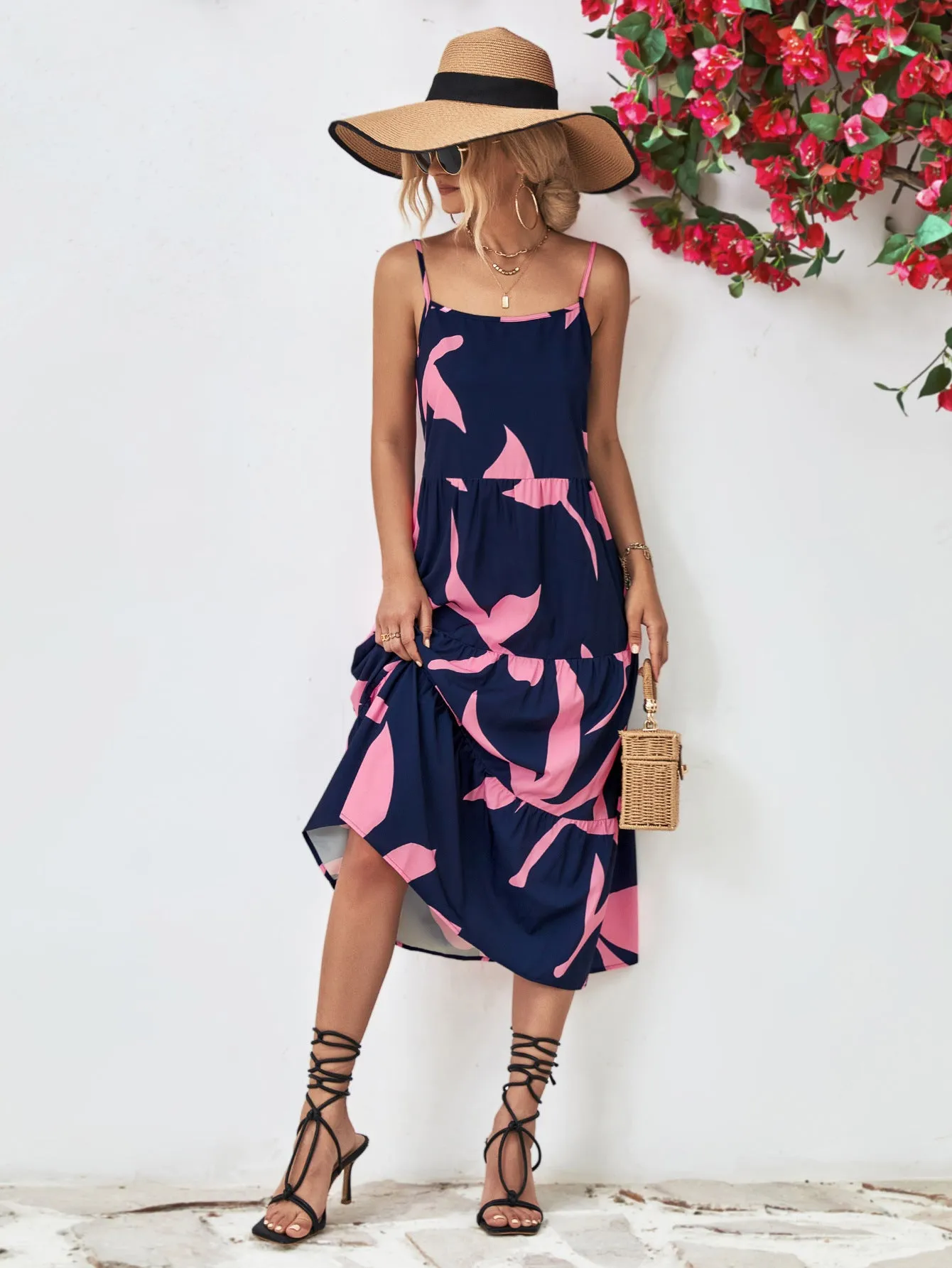 Charming Milkmaid Dress Outfit for Women: Printed Spaghetti Strap Tiered Midi Dress - Perfect Summer Fashion Choice