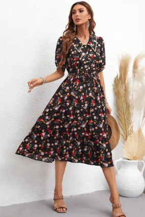 Chic Floral Collared Neck Puff Sleeve Dress: Perfect Summer Beach Wedding Attire for Women