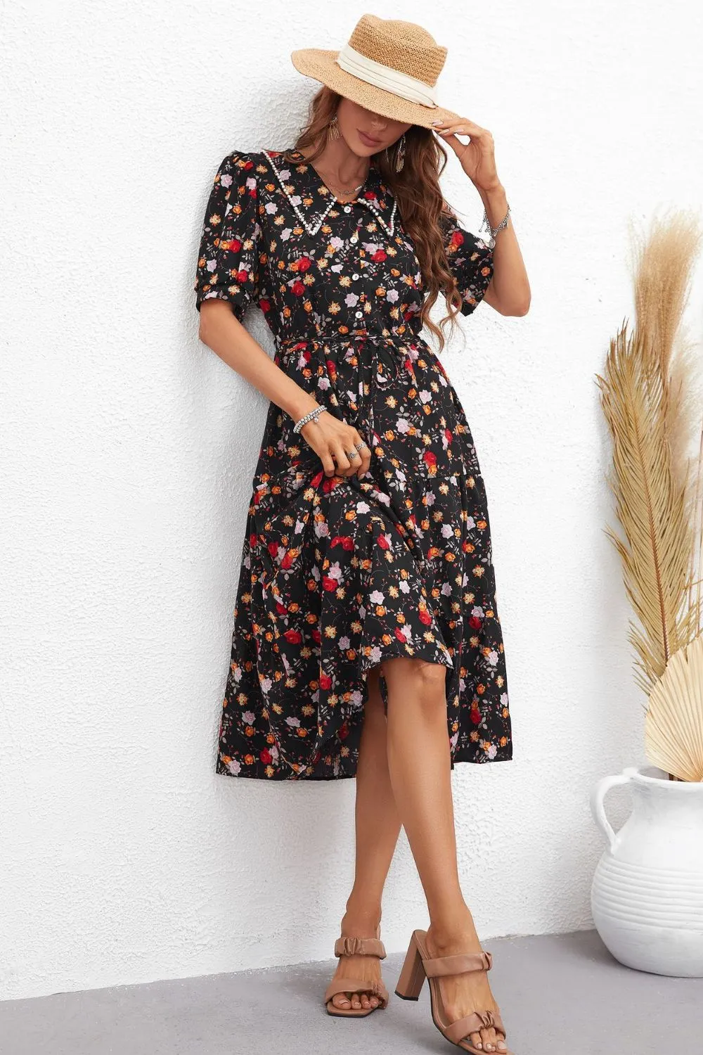 Chic Floral Collared Neck Puff Sleeve Dress: Perfect Summer Beach Wedding Attire for Women