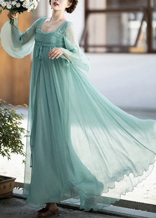 Classy Green Square Collar Wrinkled Lace Up Chiffon Dresses Summer QA1063