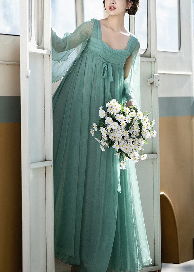 Classy Green Square Collar Wrinkled Lace Up Chiffon Dresses Summer QA1063