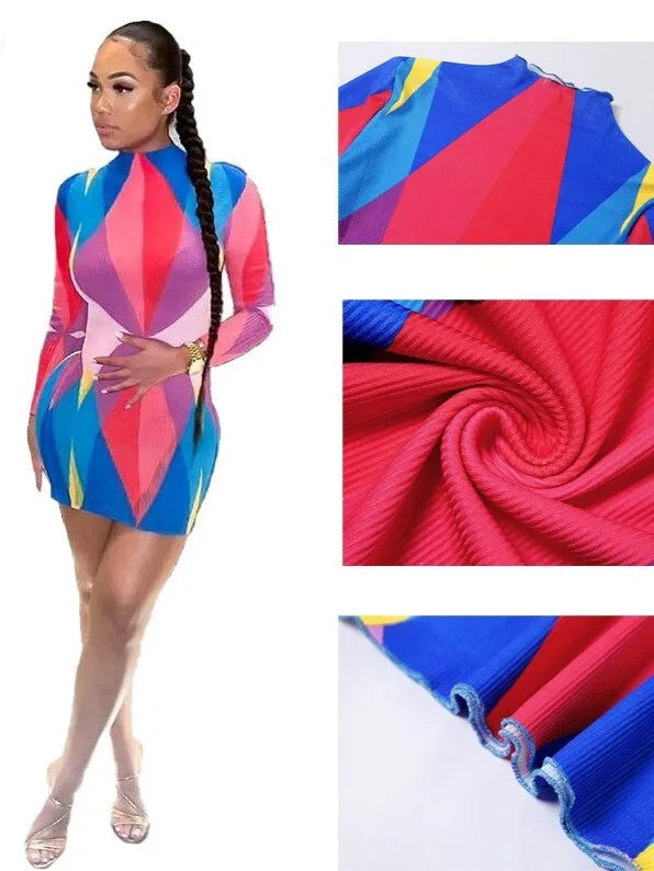 Color Block Long Sleeve Knitted Ribbed Bodycon Dress