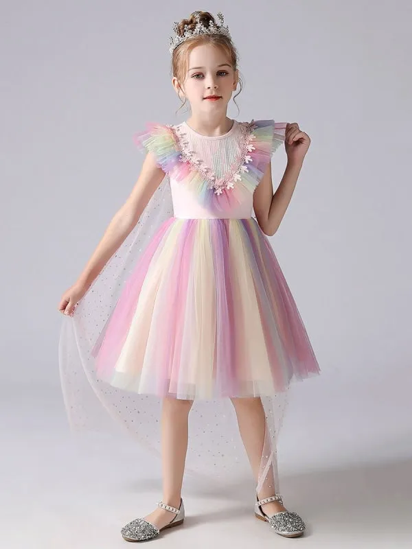 Colorful Flower Girl Dresses Short Sleeves Kids Social Party Dresses Princess Dress