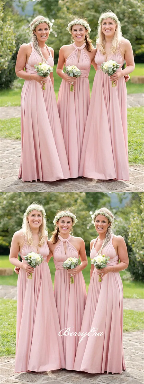 Convertible Long A-line Pink Jersey Bridesmaid Dresses