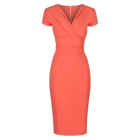 Coral Deep V Cap Sleeve Bodycon Ruched Waist Wiggle Dress