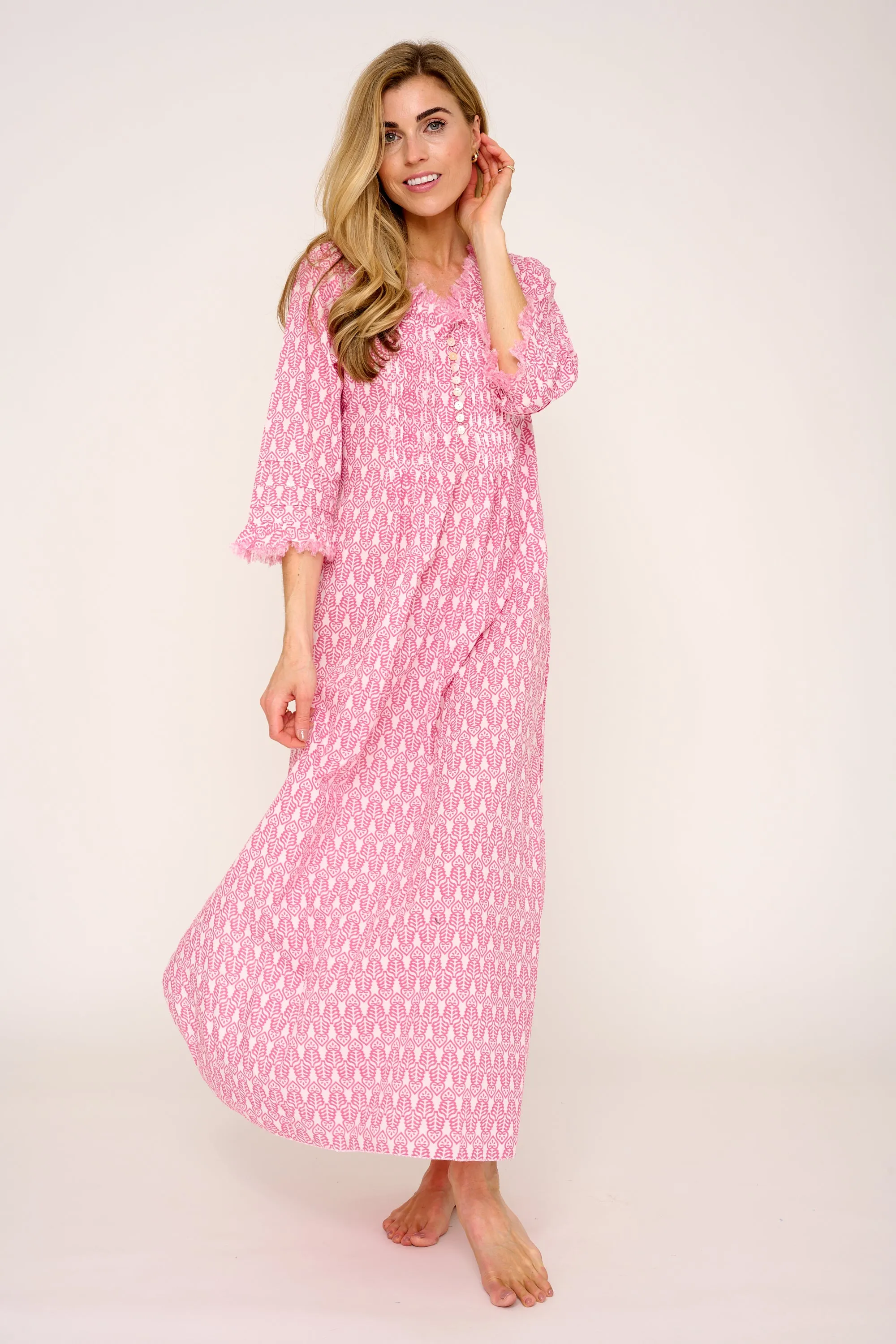 Cotton Annabel Maxi Dress in Fresh Pink & White