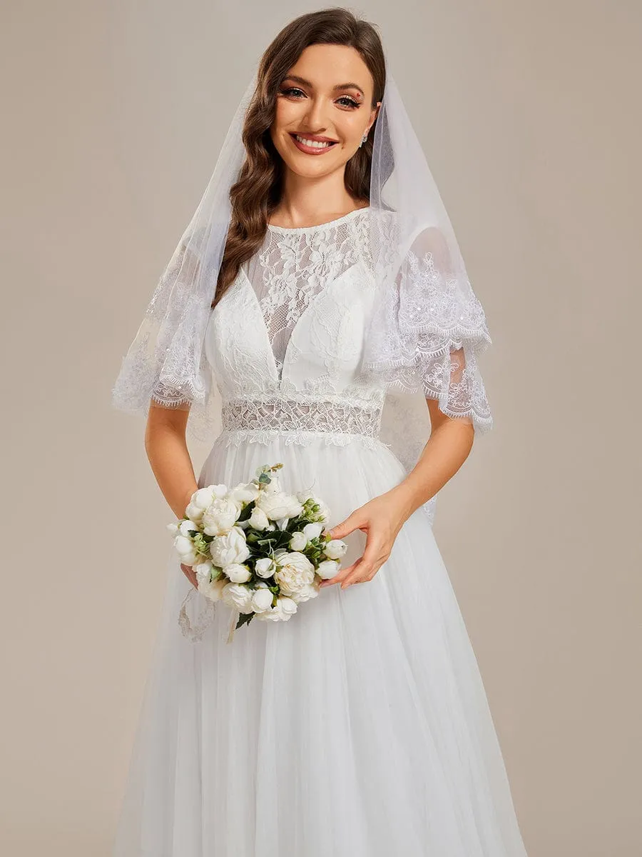 Cover Sleeve See-Through Round Neckline Lace Embroidery Wedding Dress