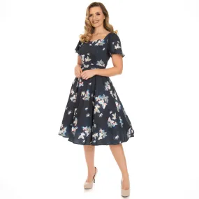 Dark Blue Butterfly Print Sweetheart Neckline Rockabilly 50s Swing Dress w/ Pockets