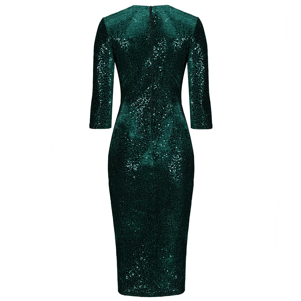 Dark Green 3/4 Sleeve V Neck Velour Sequin Pencil Wiggle Dress