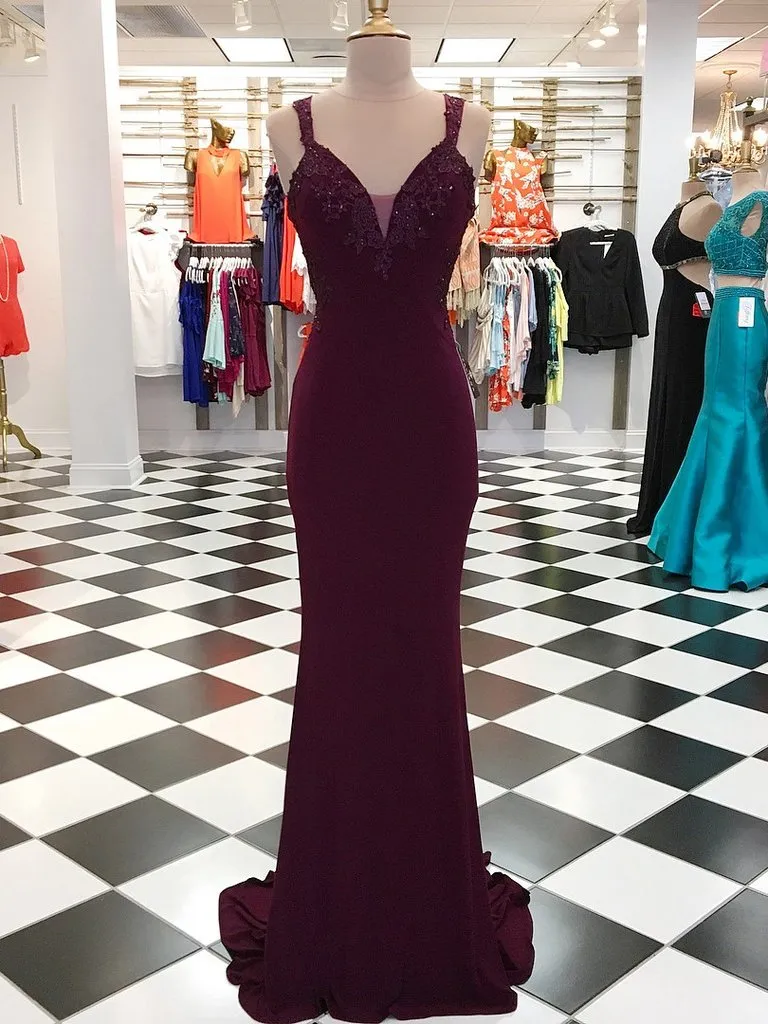 Dark Red Long Mermaid Maroon Lace Jersey Prom Dresses