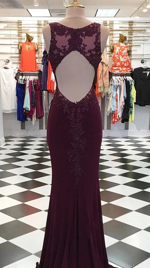 Dark Red Long Mermaid Maroon Lace Jersey Prom Dresses