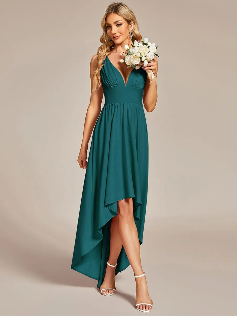 Deep V-Neck High-Low Sleeveless A-Line Wedding Guest Dress