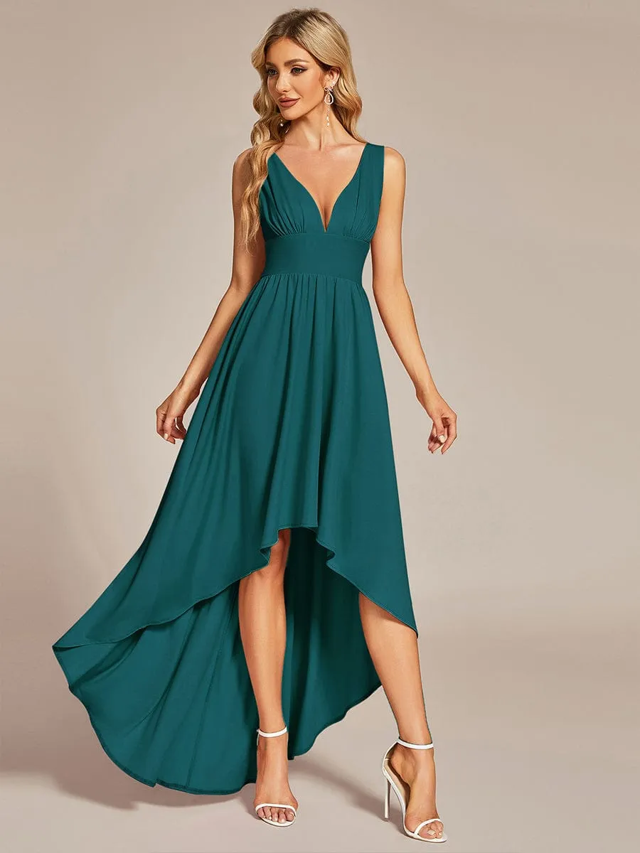 Deep V-Neck High-Low Sleeveless A-Line Wedding Guest Dress